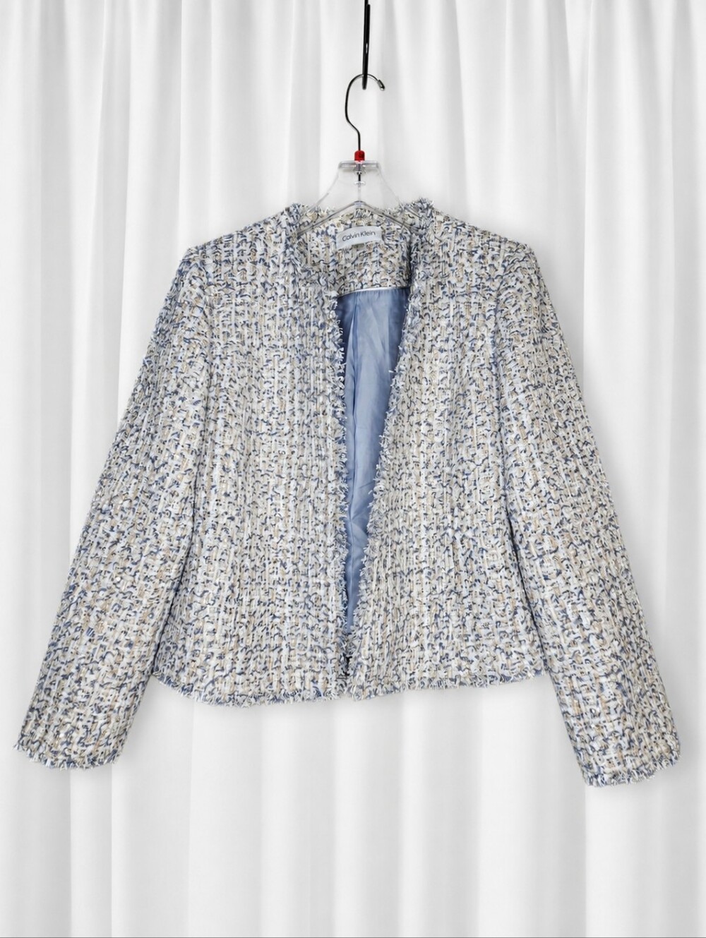 Calvin Klein Bouclé Tweed Fringe Open Jacket Pockets Sequins Blue Taupe Blazer